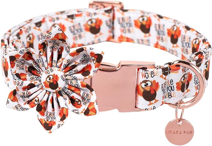 Thanksgiving Dog Collar with Flower, Turkey Cotton Flower Collar for Puppy Girl Dog or Cat, Autumn Flower Collar with Durable Metal Buckle, Thanksgiving Pet Collar, XL, Neck 16-26in