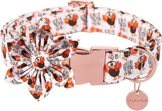 Thanksgiving Dog Collar with Flower, Turkey Cotton Flower Collar for Puppy Girl Dog or Cat, Autumn Flower Collar with Durable Metal Buckle, Thanksgiving Pet Collar, XL, Neck 16-26in