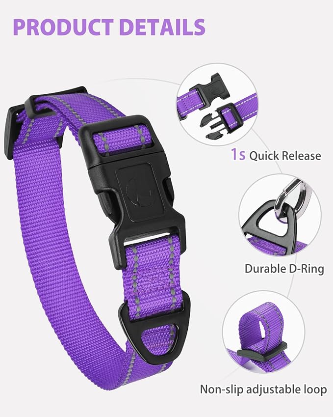 Joytale Large Dog Collar, Reflective and Adjustable Nylon Pet Collar with Quick-Release Buckle for Large Dogs, Purple, L