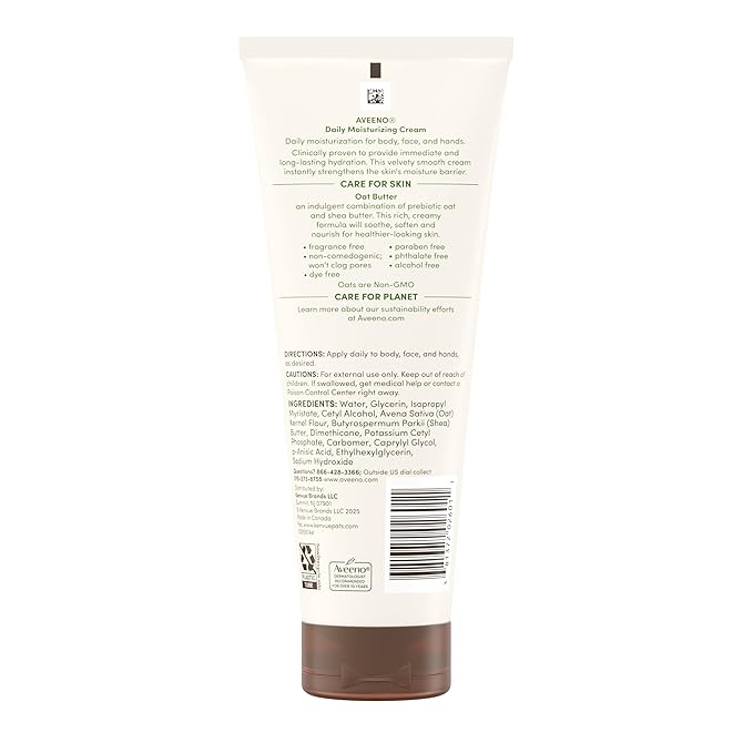 Aveeno Daily Moisturizing Cream with Prebiotic Oat & Shea Butter, Body, Face & Hand Cream for Normal to Dry, Sensitive Skin Hydrates for 48 Hours, Fragrance Free & Non-Comedogenic, 7.5 oz