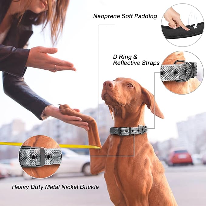 PetiFine Dog Collar for Large Dogs, Neoprene Padded and Adjustable, Reflective Wide Heavy Duty Pet Collars with Durable Metal Belt Buckle for Walking, Grey, L