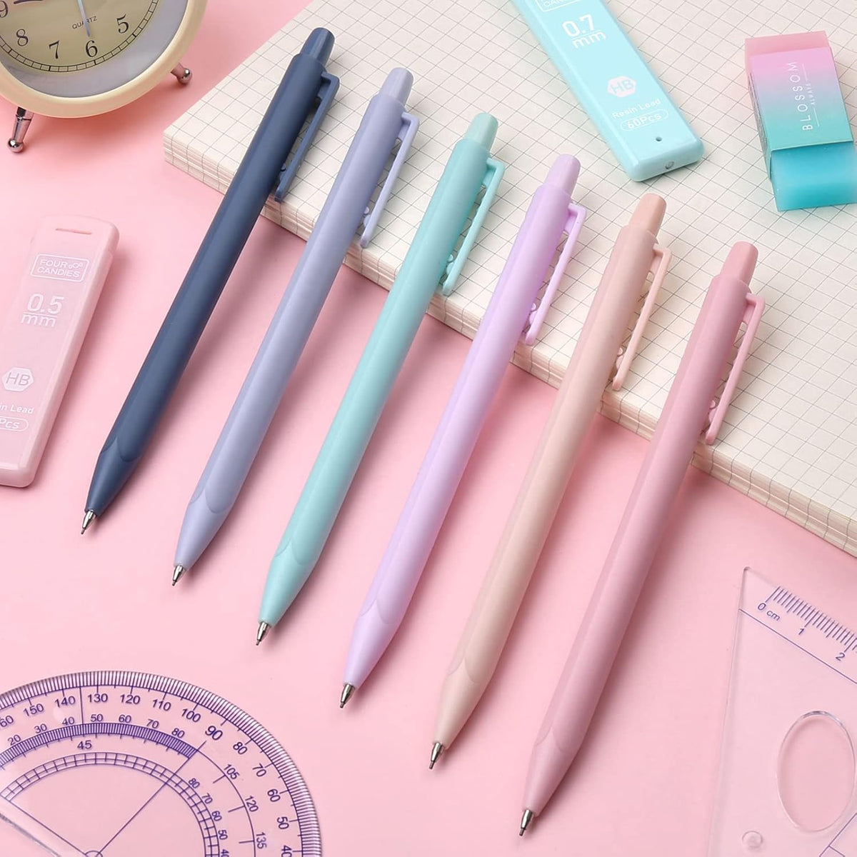 Four Candies Cute Mechanical Pencil Set, 6PCS Pastel Mechanical Pencils 0.5 & 0.7mm with 360PCS HB Leads, 3PCS Erasers and 9PCS Eraser Refills, Aesthetic School Supplies for Girls Writing