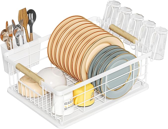 Dish Drying Rack White with Diatomaceous Earth 1 Tier,Multifunctional Dish Racks for Kitchen Counter Quick-Drying,Large Capacity Space Saving with Cutlery Cups Holder