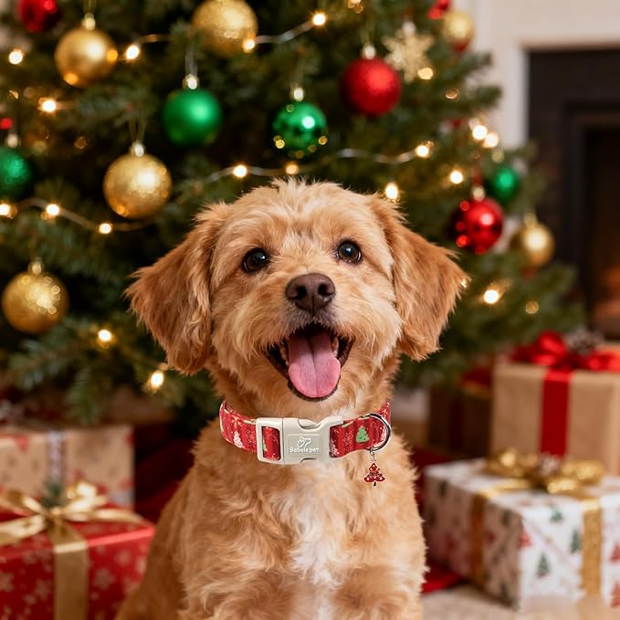 Christmas Dog Collar - Cute Red Christmas Tree Festive Puppy Collar with Safety Buckle, Soft Adjustable Holiday Dog Collars for Small Medium Large Dogs S