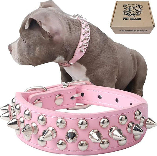 TEEMERRYCA Adjustable Leather Spiked Studded Dog Collars with a Squeak Ball Gift for Small Medium Large Pets Like Cats/Pit Bull/Bulldog/Pugs/Husky, Pink, XL 17.7-20.5 inches