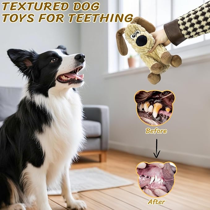 Squeaky Stuffed Dog Toys, Chew Toy for Large Medium Small Breeds, Plush Dog Toys to Keep Them Busy, Puppy Teething Dog Toy, Crinkle Dog Toy (Khaki Dog)