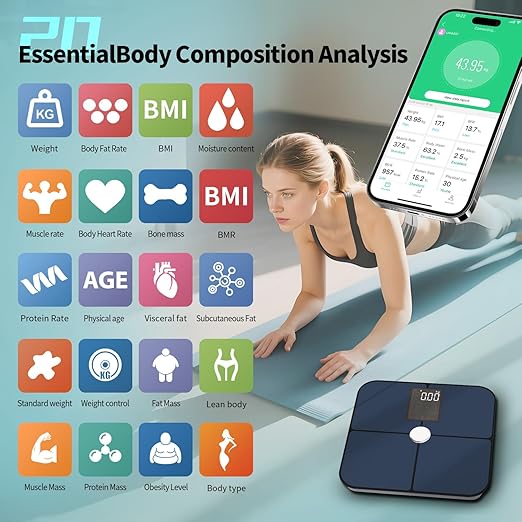 Smart Body Fat Scale with Heart Rate Monitor - 19 Key Health Metrics, ITO Glass Technology, Auto-On LCD Display, 8 User Profiles, 400lbs Capacity, App Sync Body Composition Analyzer