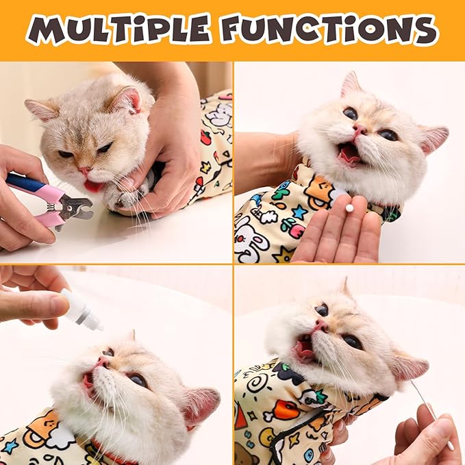 Cat Grooming Wrap, Self-Adherent Soft Cat Blanket to Wrap, Nail Clipping, Anti-Bite, Anti-Scratch, Anti-Escape Calming Wrap (Cute Prints, 6-10 lbs)