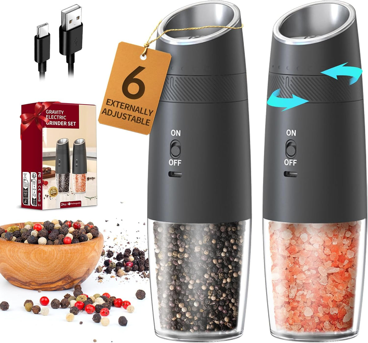 CIRCLE JOY Gravity Electric Salt and Pepper Grinder Set – Automatic LED Light Salt & Pepper Mills