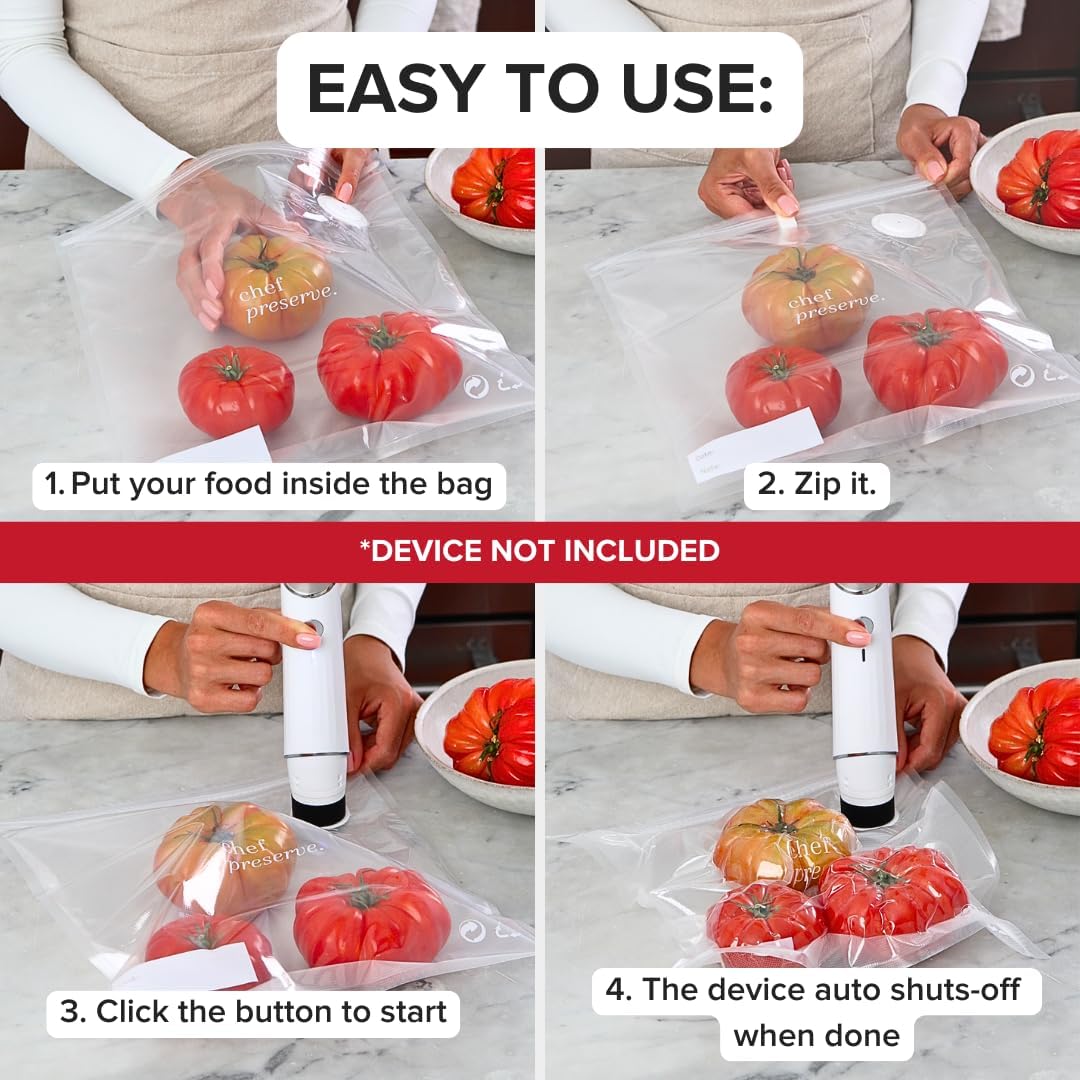 Chef Preserve Reusable Vacuum Sealer Bags for Food – 30 BPA-Free XL Large (12 x 20 in) Food Storage Bags, Freezer, Microwave – Odor-Resistant, Leak-Proof – Compatible with Chef Preserve Vacuum Sealers