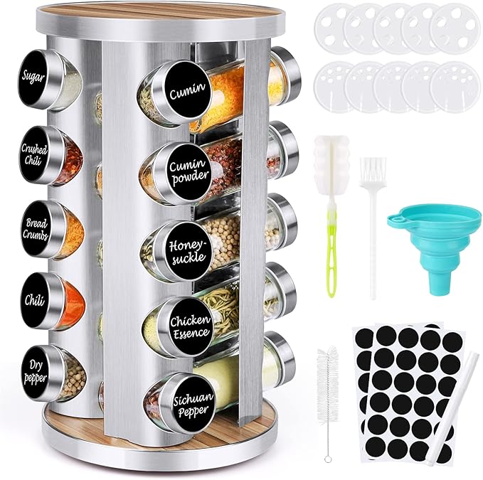 Spice Rack Organizer with Jars for Cabinet (20Pcs) Revolving/Rotating Seasoning Organizer, Stainless Steel/Wooden Countertop Rack Tower Organizer for Kitchen Pantry with Reusable Labels/Funnel/Brushes