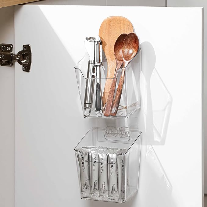 2-Pack Adhesive Cabinet Door Organizer, Hanging Storage Bins, Stick on Small Wall Basket, Bathroom Makeup Organizer, Inside Under Cabinet Storage Container for Kitchen, Pantry Organizer, Office, Dorm