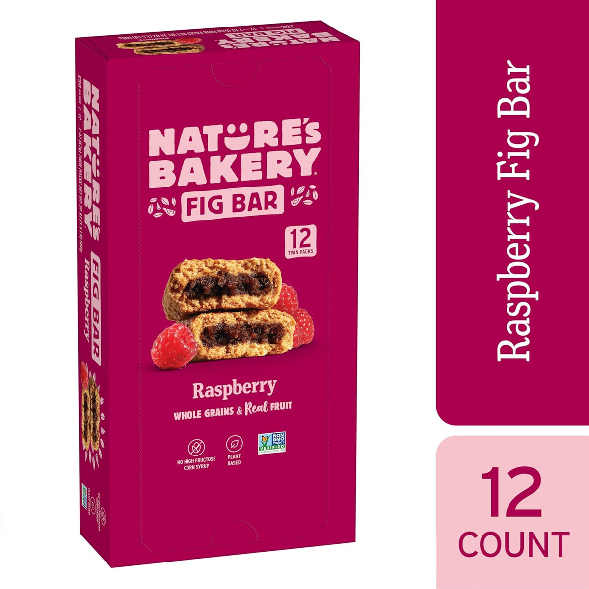 Nature’s Bakery Whole Wheat Fig Bars, Raspberry, Real Fruit, Vegan, Non-GMO, Snack bar, 1 box with 12 twin packs (12 twin packs)