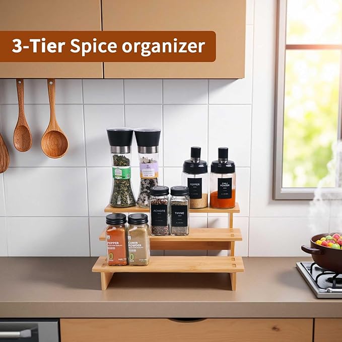 JinDoWin 3 Tiered Spice Rack Organizer for Cabinet,Spice Organization for Cabinet, Seasoning Organizer,Spice Shelf and Spice Organizer for Cabinet,Pantry Organizers and Storage (2 Pack, Small)
