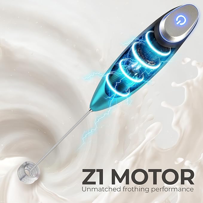 Zulay Kitchen Powerful Milk Frother Wand With Duracell Batteries - Ultra Fast Handheld Drink Mixer - Electric Whisk Foam Maker for Coffee, Lattes, Cappuccino & Matcha - Triple Whisk - Ocean Depth