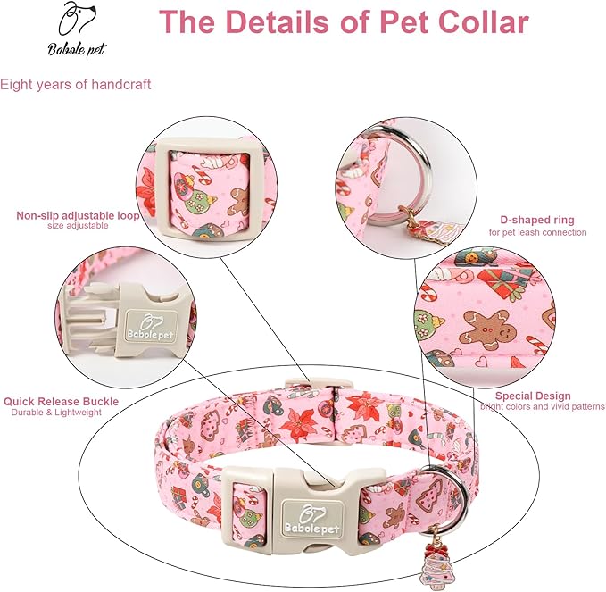 Christmas Dog Collar - Cute Pink Cozy Christmas Puppy Collar with Safety Buckle, Soft Adjustable Holiday Dog Collars for Small Medium Large Dogs S