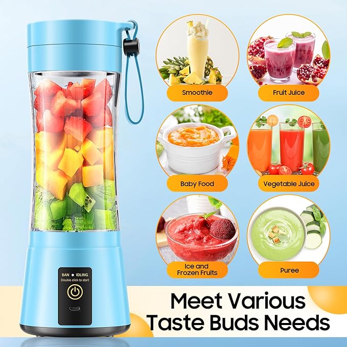 Cordless Portable Personal Size Blender - USB Rechargeable Blender for Smoothies and Shakes, 6 Blades with 380Ml BPA Free Juice Cup, Freshly Squeezed for Picnic/Sports