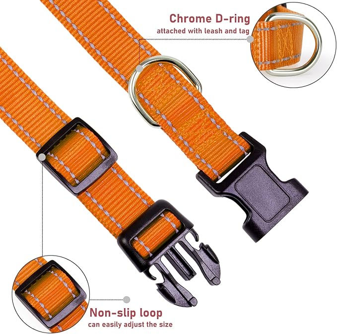 Reflective Dog Collar with Buckle Adjustable Safety Nylon Collars for Small Medium Large Dogs, Orange XXS