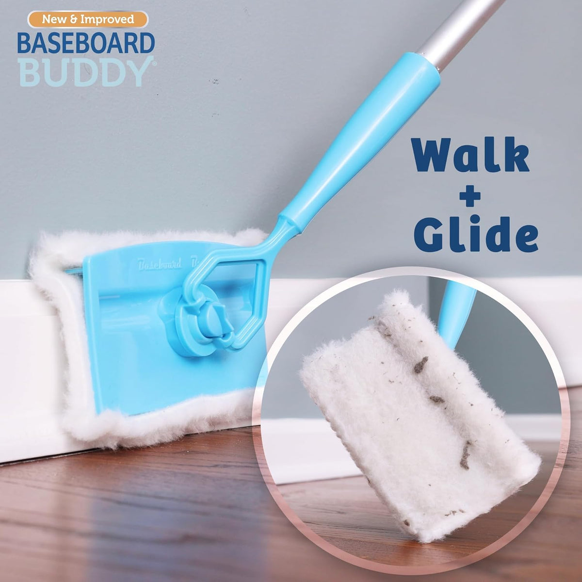 Baseboard Buddy | Lightweight Home Cleaning Essential, Perfect for Baseboards, Moldings & Walls, Glide & Wipe Trapping & Locking Dirt & Dust | As Seen on TV, (1 3 Reusable Pads)