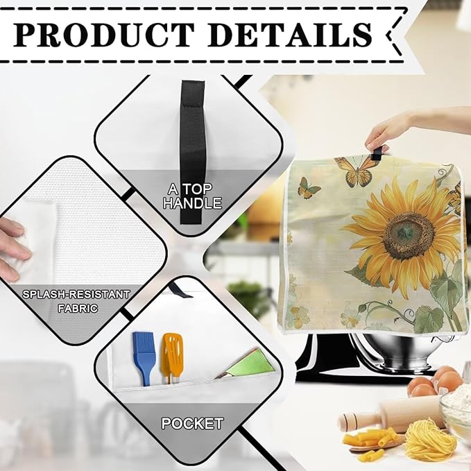 Sunflower Butterfly Mixer Cover | 5 Quart Kitchen Appliance Protector with Handle & Pocket | Machine Washable Dust Cover Protects from Scratches