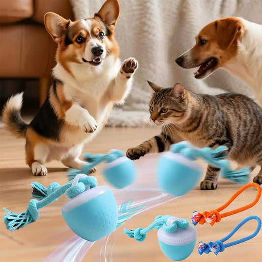 Interactive Dog Toys, Interactive Dog Ball with Birdsong Squeaky Chewable Rope for Small/Medium/Large Dogs,Automatic Moving Dogs Toy Wicked Ball for Boredom & Training,Dog Toys to Keep them Busy(Blue)