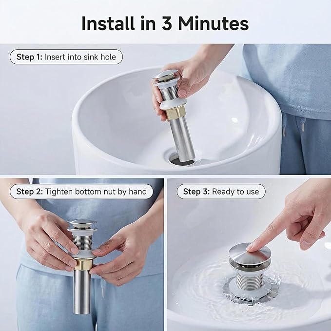 Bathroom Sink Drain, Drain Stopper Bathroom Sink Without Overflow, Assembly with Detachable Strainer Basket, Built in Anti Clogging Pop Up Drain Strainer, Stainless Steel Brushed Nickel 1Pcs