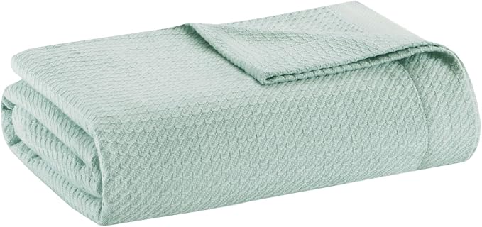Madison Park Soft Certified 100% Egyptian Cotton Breathable Cozy Blanket, Premium Waffle Knit Classic Design, Luxury All Season Lightweight Cover for Bed, Couch and Sofa, Seafoam Full/Queen(90"x90")