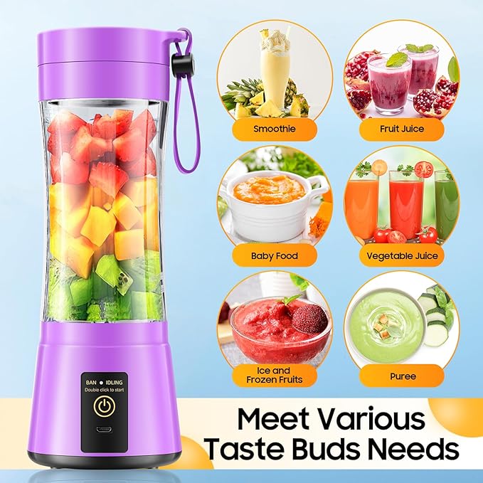 Portable Blender for Smoothies and Shakes - Cordless Personal Blender with 380Ml BPA Free Travel Cup, 6 Stainless Steel Blades for Powerful Blending, Suit for Sports/Travel/Home