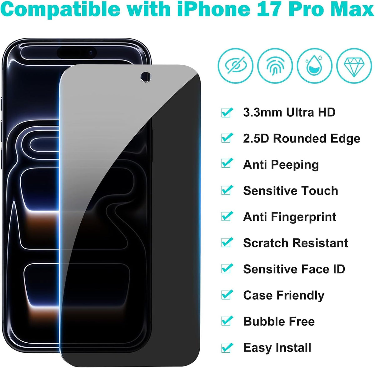 PEHAEL 3+3Pack for iPhone 17 Pro Max Privacy Screen Protector with Camera Lens Protector Full Coverage Anti-Spy Tempered Glass Film 9H Hardness Easy Installation Bubble Free [6.9 inch]