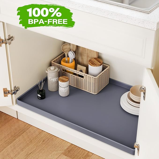 FLATO Waterproof Under Sink Mat 22" x 19" Shelf Liner for Kitchen and Bathroom, Cabinet Protector, Organizers and Storage, Flexible Silicone Drip Tray