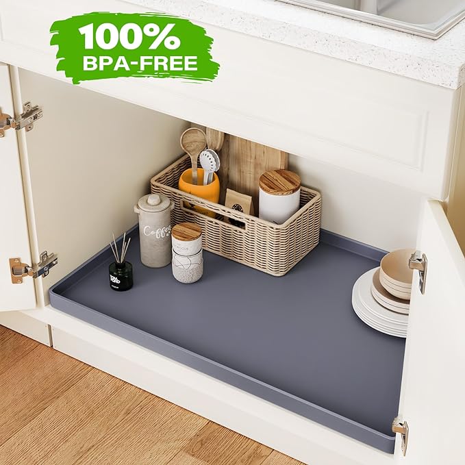 FLATO Waterproof Under Sink Mat 25" x 19" Shelf Liner for Kitchen and Bathroom, Cabinet Protector, Organizers and Storage, Flexible Silicone Drip Tray