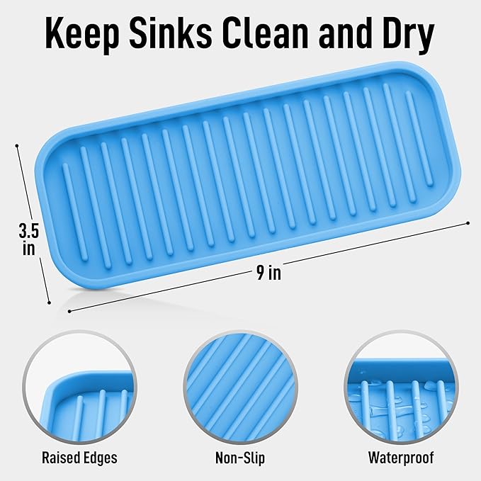 Zulay Kitchen (9x3.5) Silicone Sponge Holder for Kitchen Sink - Flexible Multipurpose Kitchen Soap Tray Sponge Holder - Sink Organizer Tray for Kitchen, Bathroom, Makeup, Trinkets & More (Blue)