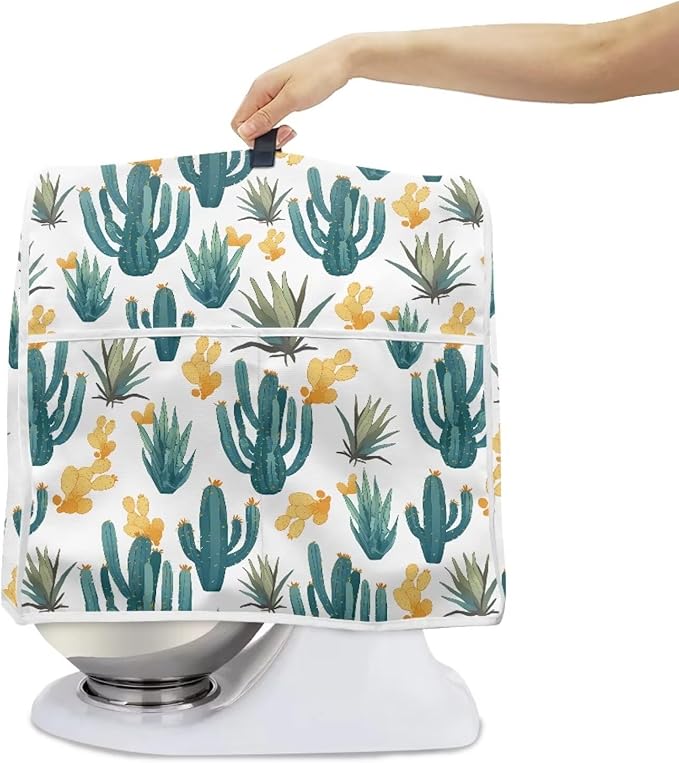 Green Cactus Pattern Mixer Dust Cover Universal Fit 6-8 Qt, Anti-Fingerprint & Easy Clean Cover with Handle & Accessory Pocket, Modern Kitchen Counter Decor Housewarming Gifts