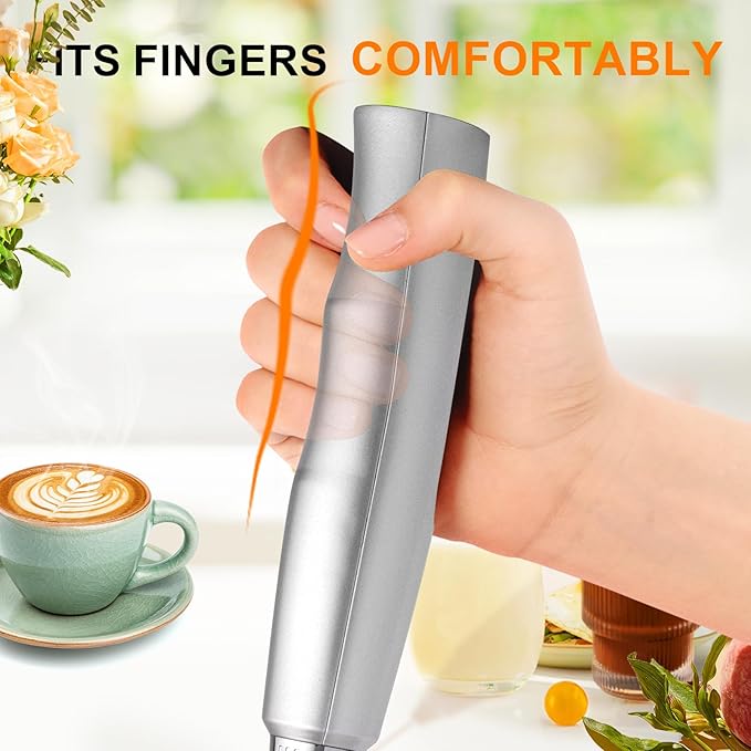 YUSWKO Silver Rechargeable Milk Frother for Coffee with Stand, Handheld Drink Mixer with 3 Heads 3 Speeds Electric Stirrers for Latte, Cappuccino, Hot Chocolate, Egg