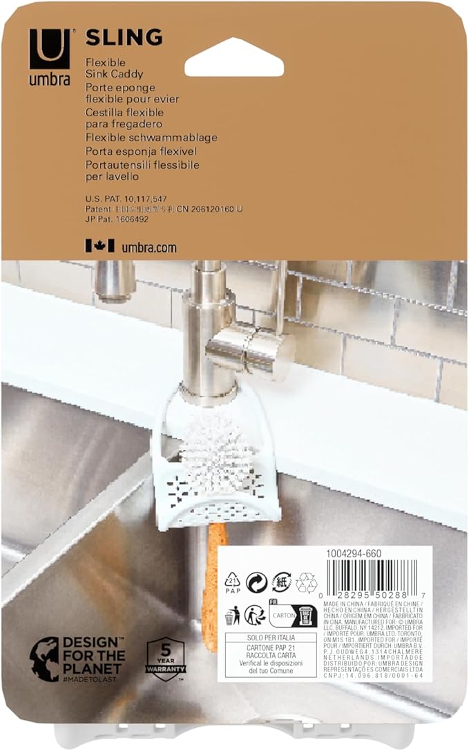 Umbra Sling Kitchen Sink Caddy Sponge Holder, Hangs Over Faucet or Divider, Single, White