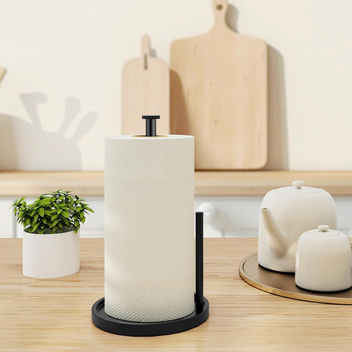Paper Towel Holder Countertop, Standing Paper Roll Holder with Anti Slip Weighted Base, Stainless Steel Freestanding Paper Towel Holder for Kitchen, Black
