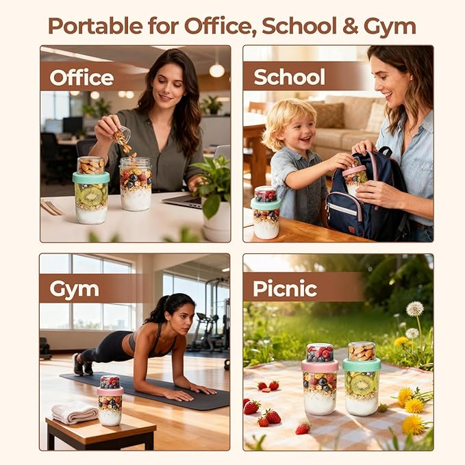 ComSaf Overnight Oats Containers with Lids (16oz+4oz, 4Pcs), Dual-Laryer Chia Pudding Jars with Dry and Wet Separation, Yogurt Parfait Cups for Oatmeal Cereal Nut Fruit, Meal Prep Glass Jars for Salad