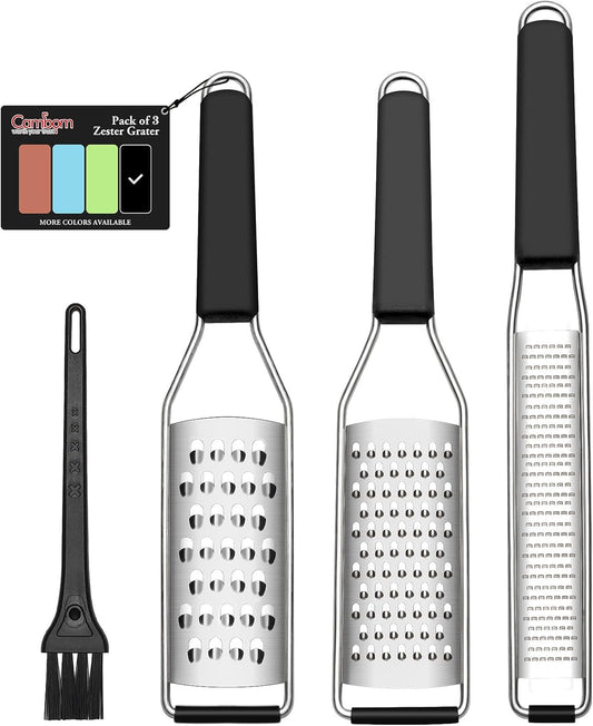 Cambom Lemon Zester Grater Three-piece Suit - Heavy Duty Kitchen Tool for Parmesan Cheese, Ginger, Garlic, Nutmeg, Chocolate, Vegetables，Fruits，Stainless Steel Grater Dishwasher Safe Black