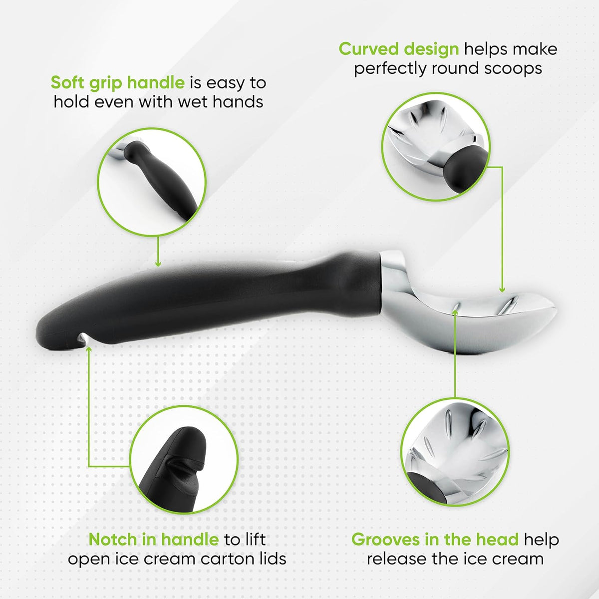 Spring Chef Heavy Duty Ice Cream Scoop with Comfortable Handle - Professional Ice Cream Scooper for Gelato, Sorbet, Cookie Dough, Melon, Frozen Yogurt - Dishwasher Safe Metal Kitchen Tool - Black