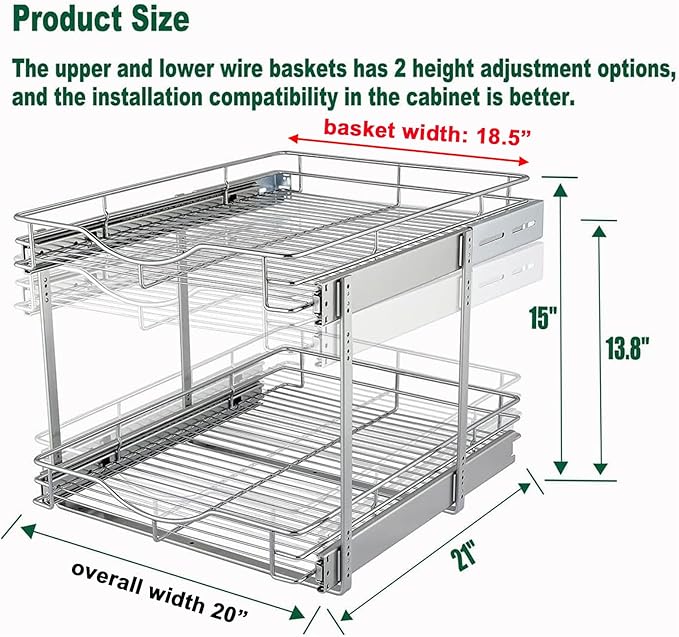 DINDON 2 Tier Pull Out Cabinet Organizer (20" W X 21" D), Double Tier Wire Basket Slide Out Shelf Storage for Kitchen Base Cabinet Organization for Kitchen, Pantry, Bathroom, Chrome