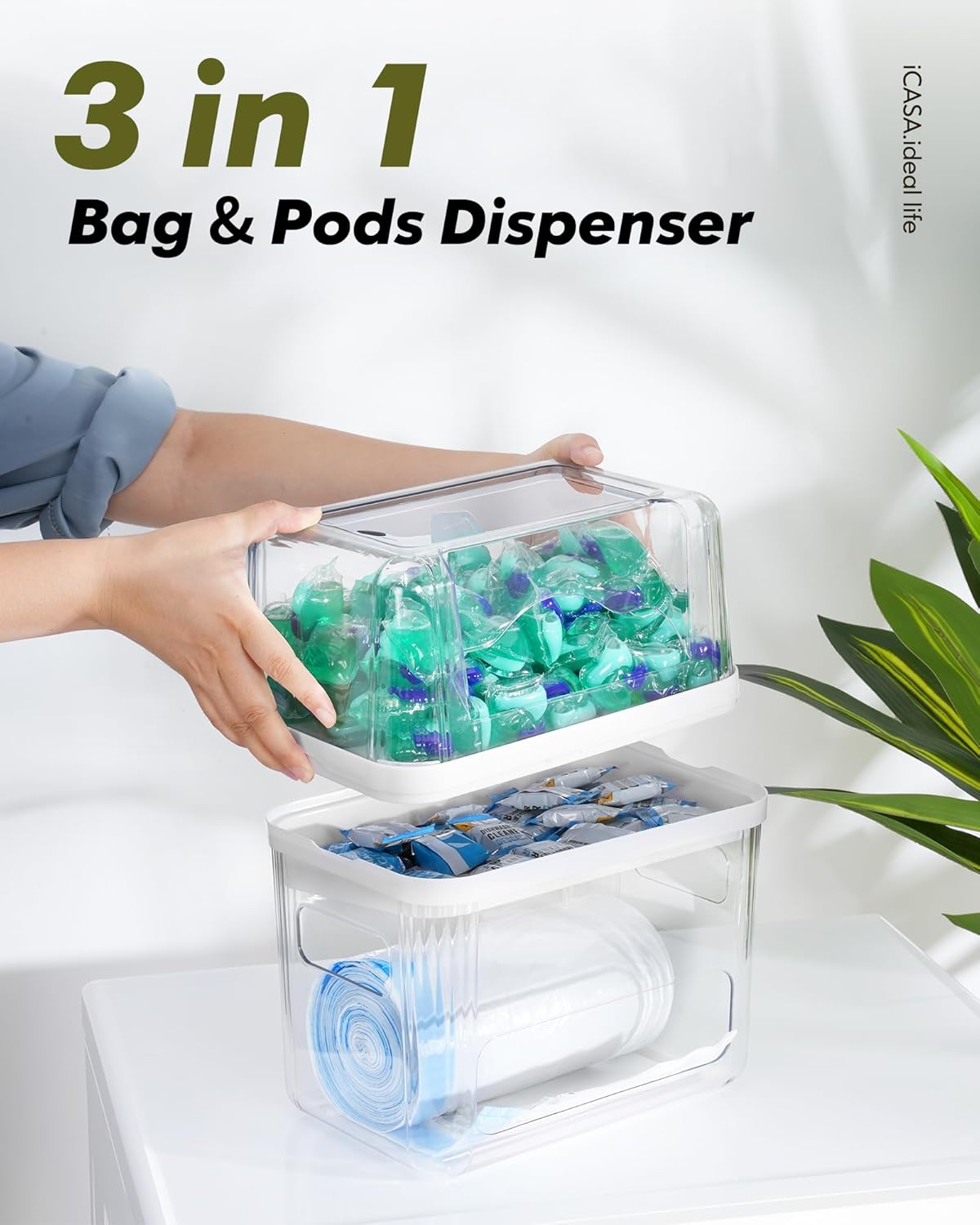 Trash Bag Dispenser Dishwasher Pod Organizer, 3 in 1 Grocery Garbage Bags Holder Storage Box Clear Laundry Room Pods Dishwasher Tab Cleaner Tablets Container Pantry Kitchen Under Sink Organizers