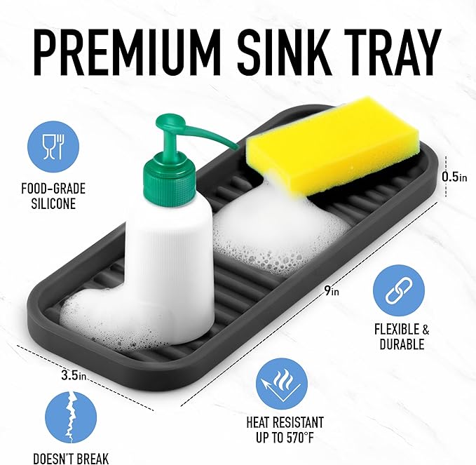 Zulay Kitchen (9x3.5) Silicone Sponge Holder for Kitchen Sink - Flexible Multipurpose Soap Tray Sponge Holder - Sink Organizer Tray for, Bathroom, Makeup, Trinkets & More (Black)