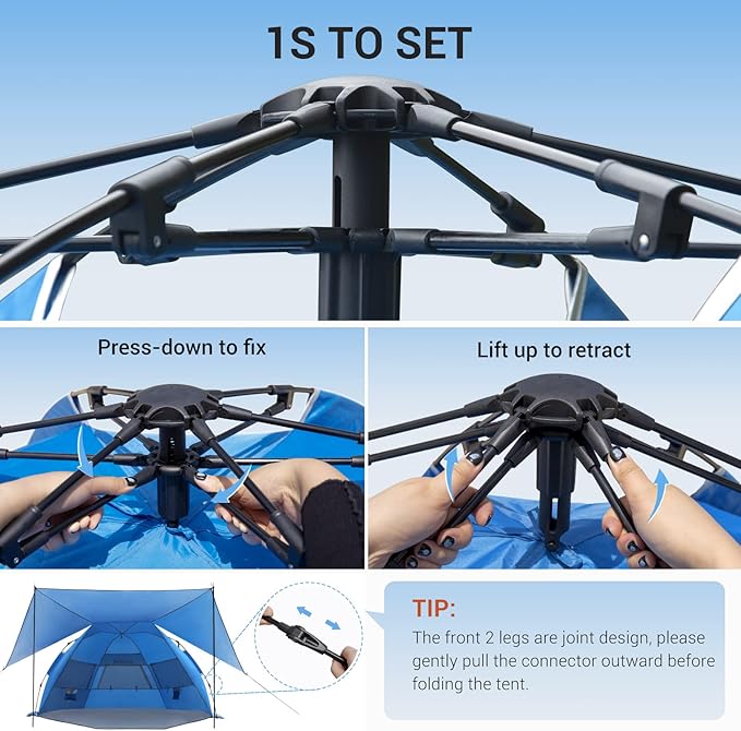 Elegear Beach Tent With 360 Removable Canopy, 4-6 Person Pop Up Sun Shade Shelter, UPF 50+ Automated Installation Double Silver Coating Portable Lightweight Cabana