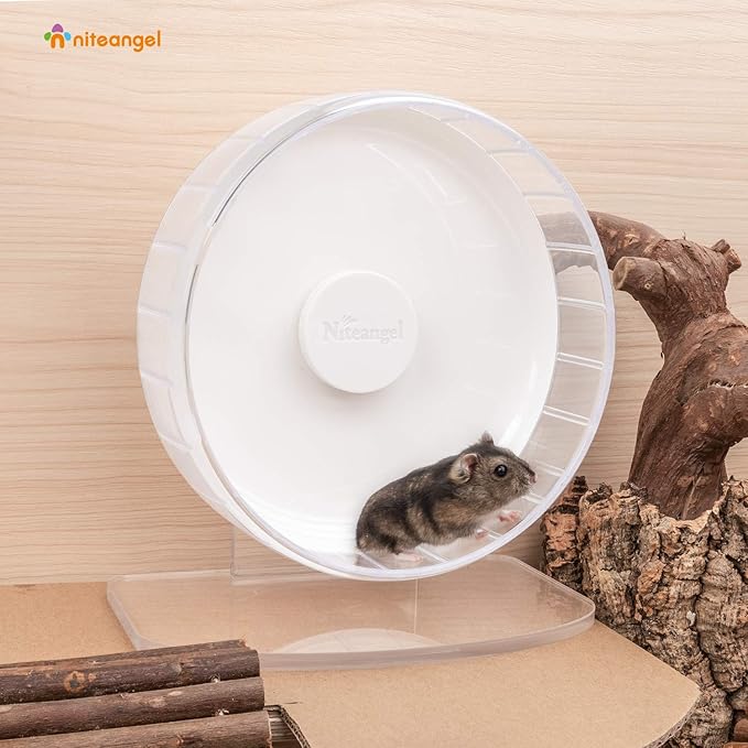 Niteangel Super-Silent Hamster Exercise Wheels - Quiet Spinner Hamster Running Wheels with Adjustable Stand for Hedgehog Gerbils Mice or Other Small Animals (S, White)
