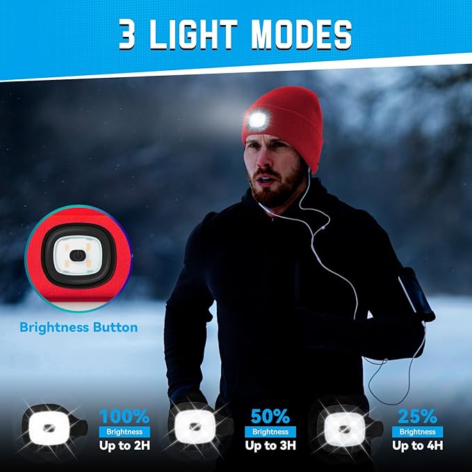 Beanie Hats with Light, USB Rechargeable LED Hand Free Headlamp, Ideal for Camping, Hiking, Fathers Day Dad Gifts, Birthday Gifts for Husband, Dad, Men, 2 Pack, Red