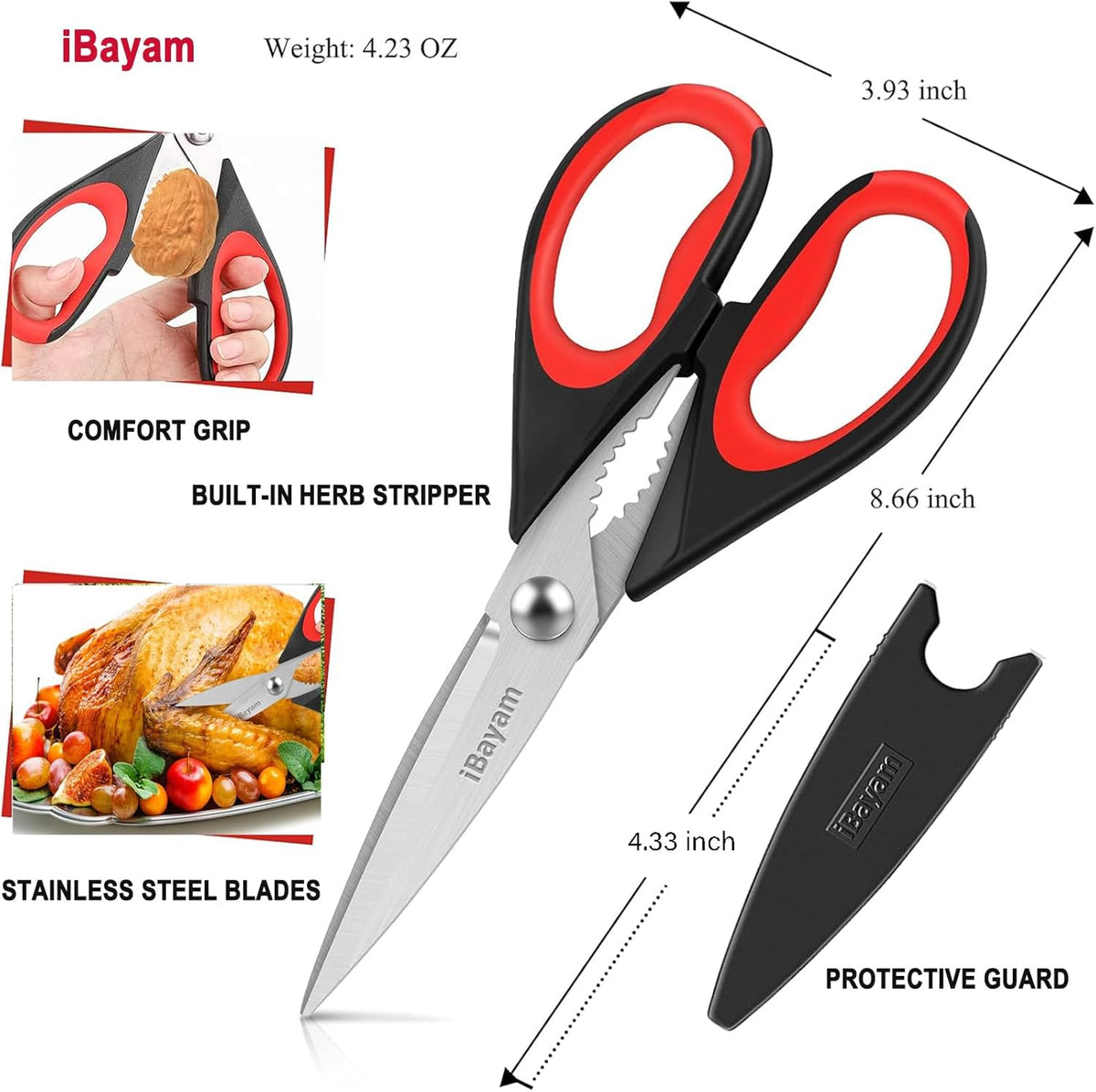iBayam Kitchen Scissors All Purpose Heavy Duty, Kitchen Utensils Set, Stainless Steel Cooking Utensils Gadgets, Meat Poultry Food Shears Dishwasher Safe Utility Tools Home Gift, with Protective Sheath