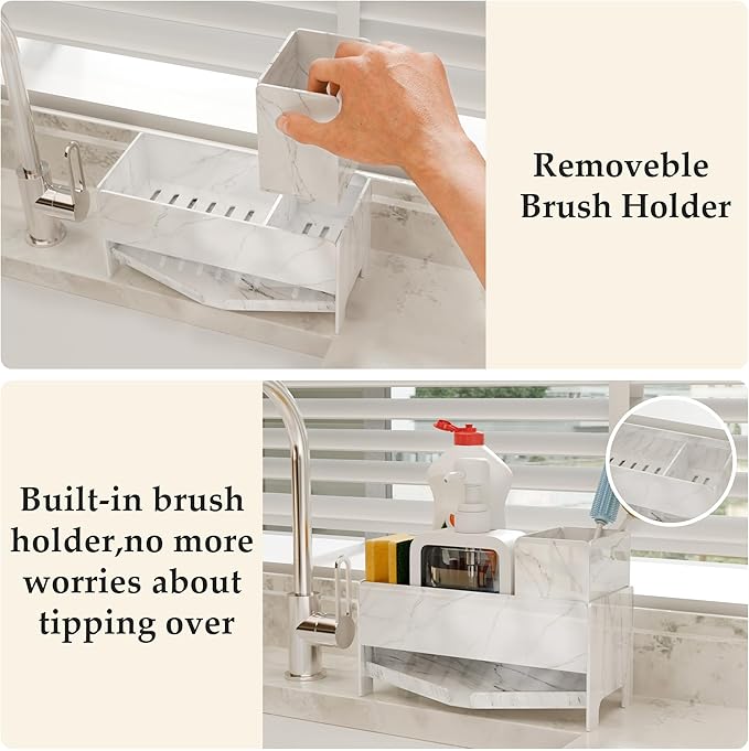 TIDIIABODE Sponge Holder for Kitchen Sink - White Marble Acrylic Sink Caddy with Brush Slot, Countertop Soap Organizer for Modern Kitchen, Self-Draining Storage Rack, 9.2" Large Capacity