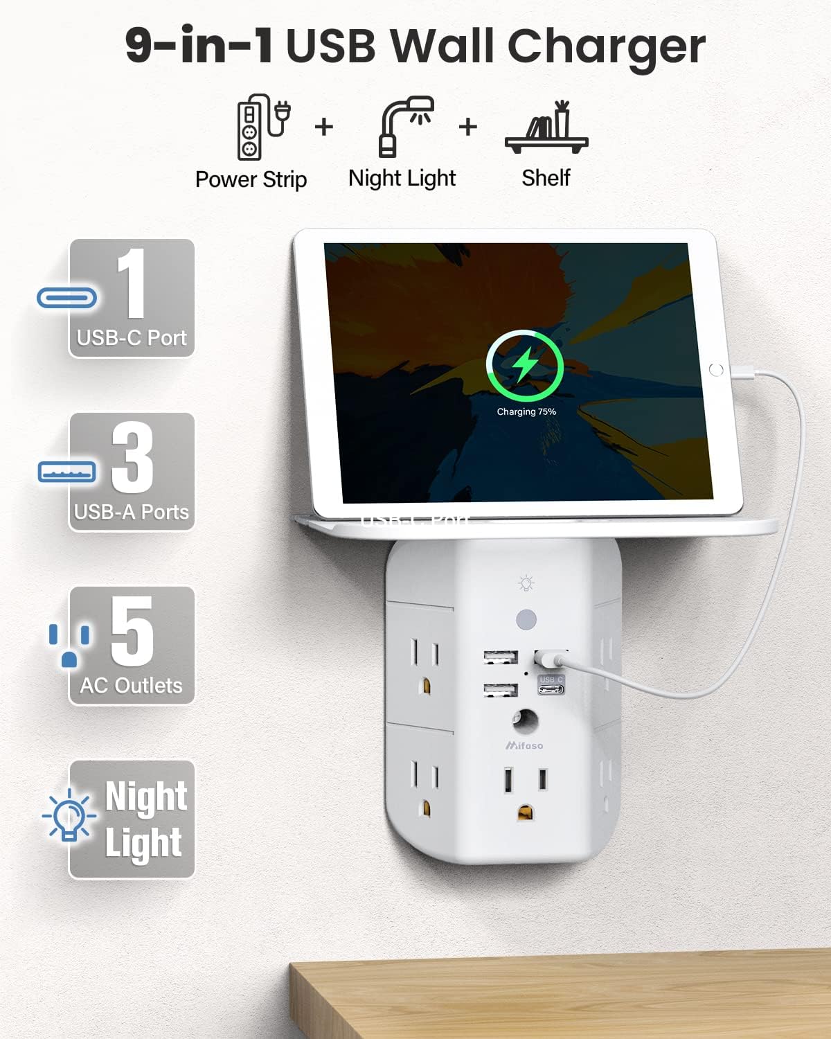 Mifaso 3-Sided Multi Plug Power Strip, Wall Extender with Shelf, Night Light & Surge Protector, USB Wall Charger with 5 AC Wide Space Outlets and 3 USB & 1 C Port, White