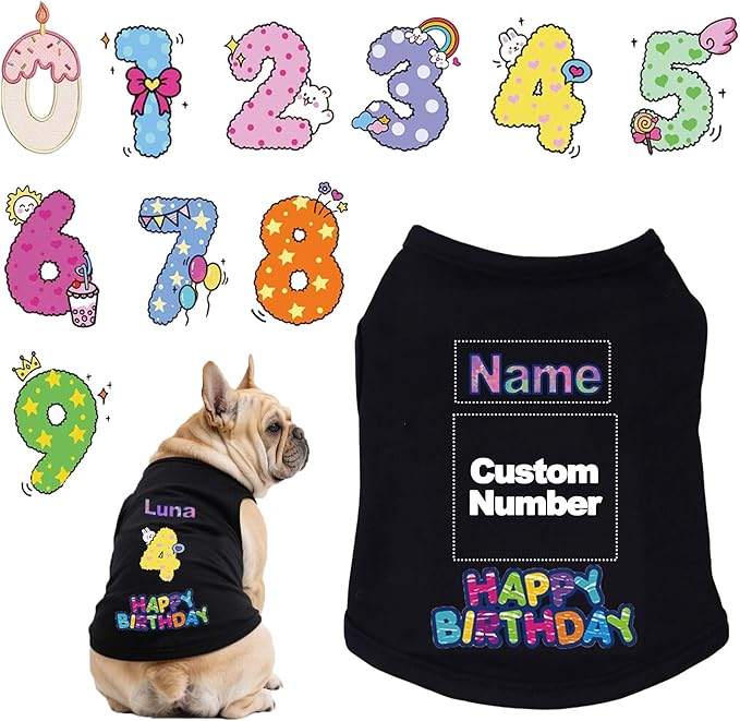 Custom Dog Birthday Shirt,Personalized Pet Apparel Print with Name Age Number,Pet Birthday Outfit,Lightweight Breathable Cotton Vest for Small Medium Large Dogs Cat (Black, X-Small)