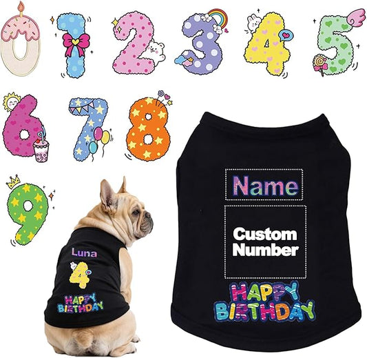 Custom Dog Birthday Shirt,Personalized Pet Apparel Print with Name Age Number,Pet Birthday Outfit,Lightweight Breathable Cotton Vest for Small Medium Large Dogs Cat (Black, XX-Large)